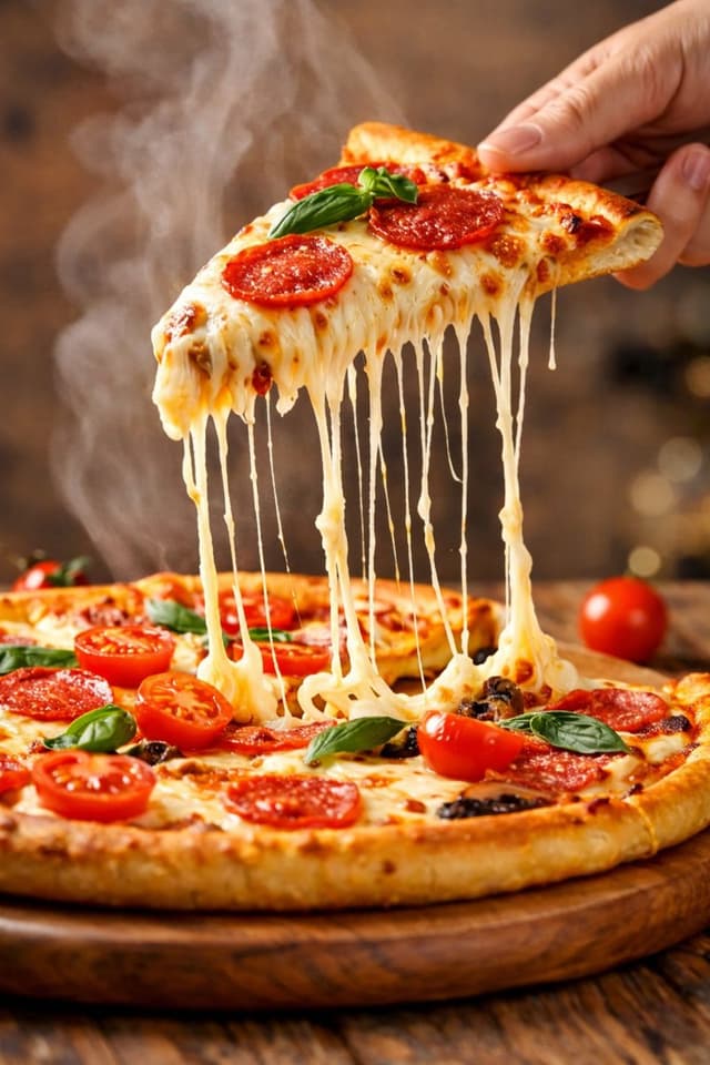 Social Media Post - Hyper-realistic cinematic close-up of a pepperoni pizza slice with dramatic cheese pull — output
