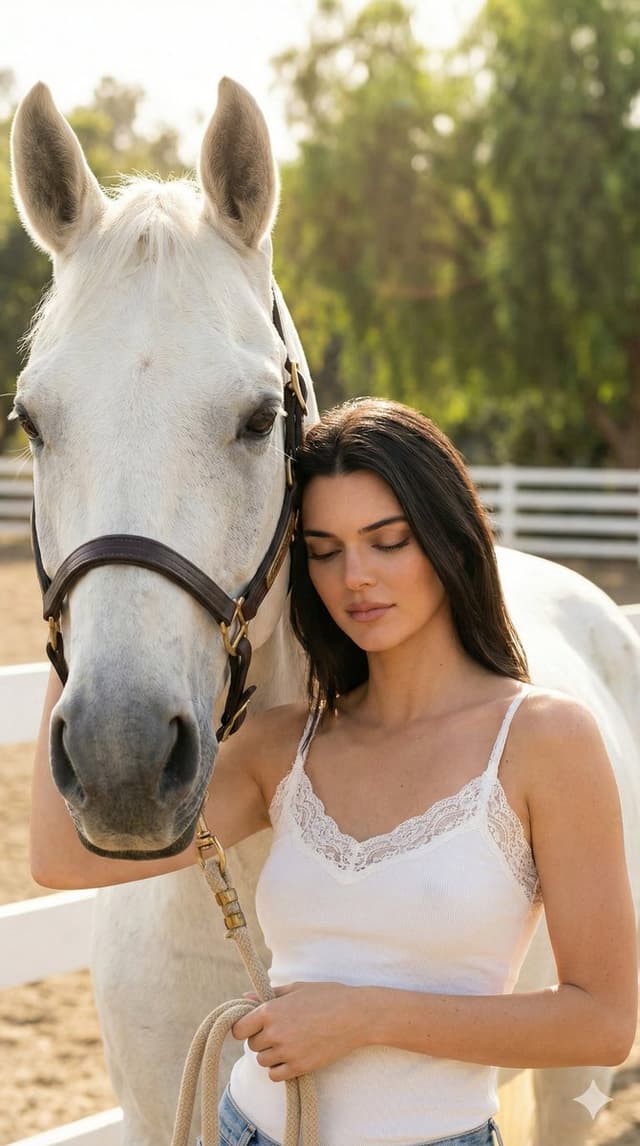 Fashion editorial of a woman embracing a white horse at golden hour — output