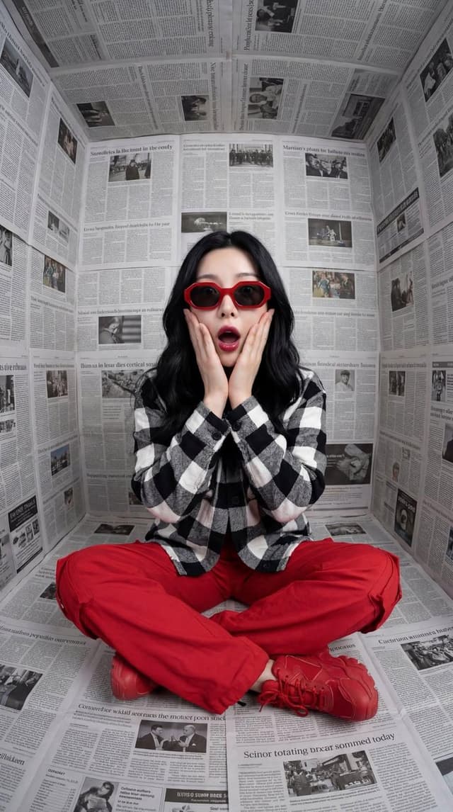 Surreal Editorial Fashion Portrait with Newspaper Background — output