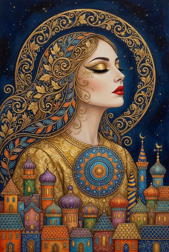 Intricate Fantasy Woman Profile and Cityscape — cover