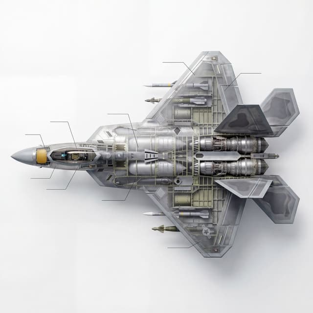 Cutaway infographic of a 5th generation stealth fighter jet — output