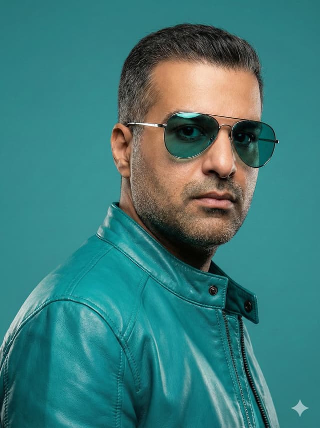 Social Media Post - Teal Leather Jacket Studio Portrait Prompt — output