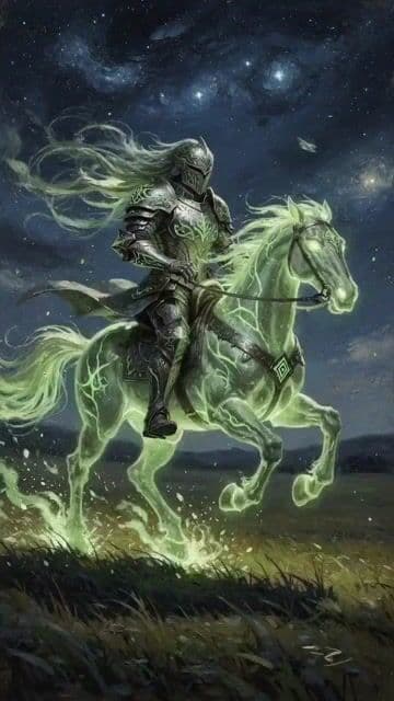 Knight in dark armor riding a glowing green horse at night — cover