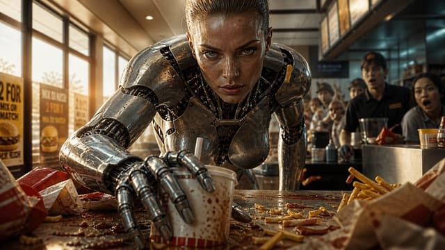 Product Marketing - Robot Woman Fast Food Counter Chaos — output
