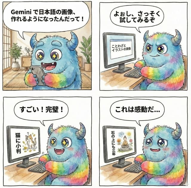 4-panel manga about Gemini generating Japanese text images — output