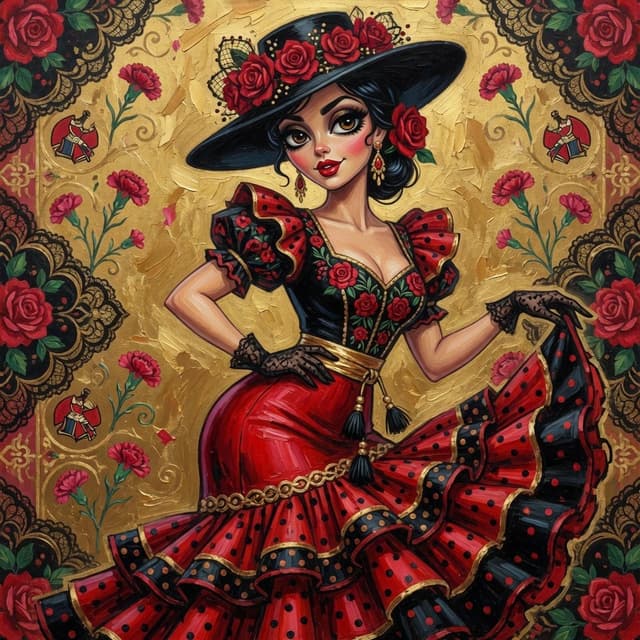 Spanish woman in retro dress, cartoon style — cover