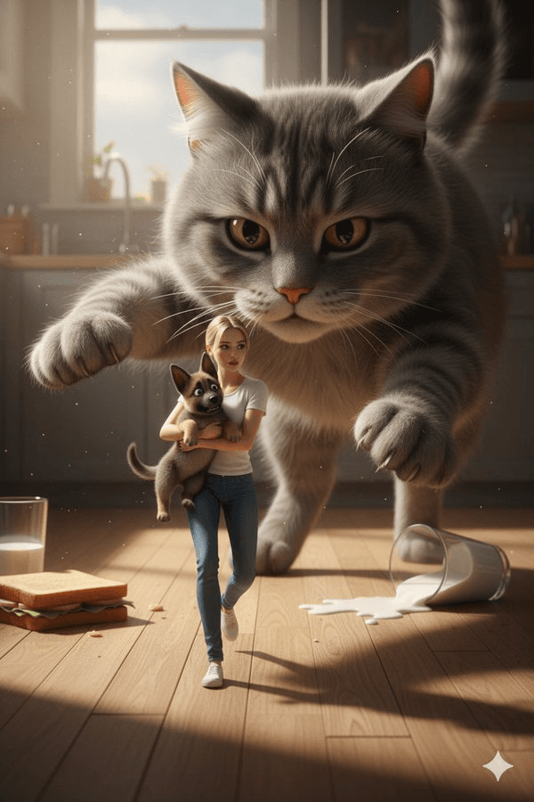 Comic / Storyboard - Cinematic Giant Cat Chasing Tiny Woman — output