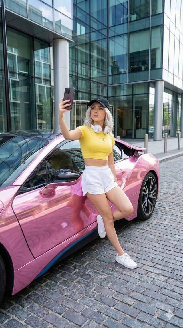 Casual Main Character Selfie with Pink BMW i8 Prompt — output