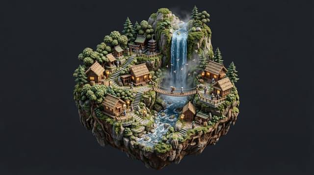 Game Asset - Stylized Miniature Diorama of Forest Waterfall Village — output