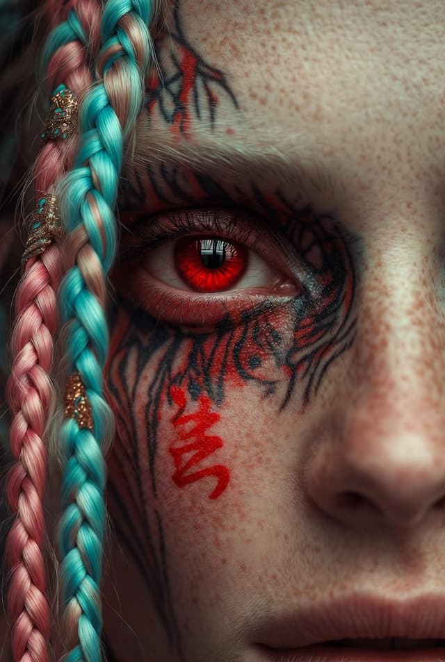 Extreme Close-Up Cinematic Portrait with Tattoos and Red Eye — output