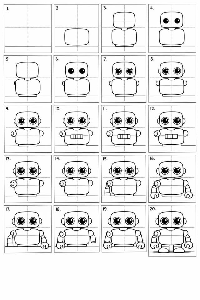 Infographic / Edu Visual - 20-Panel Cartoon Robot Drawing Guide Prompt — output
