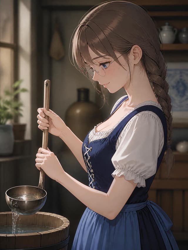 Comic / Storyboard - Anime Girl Holding Ladle in Rustic Kitchen — output