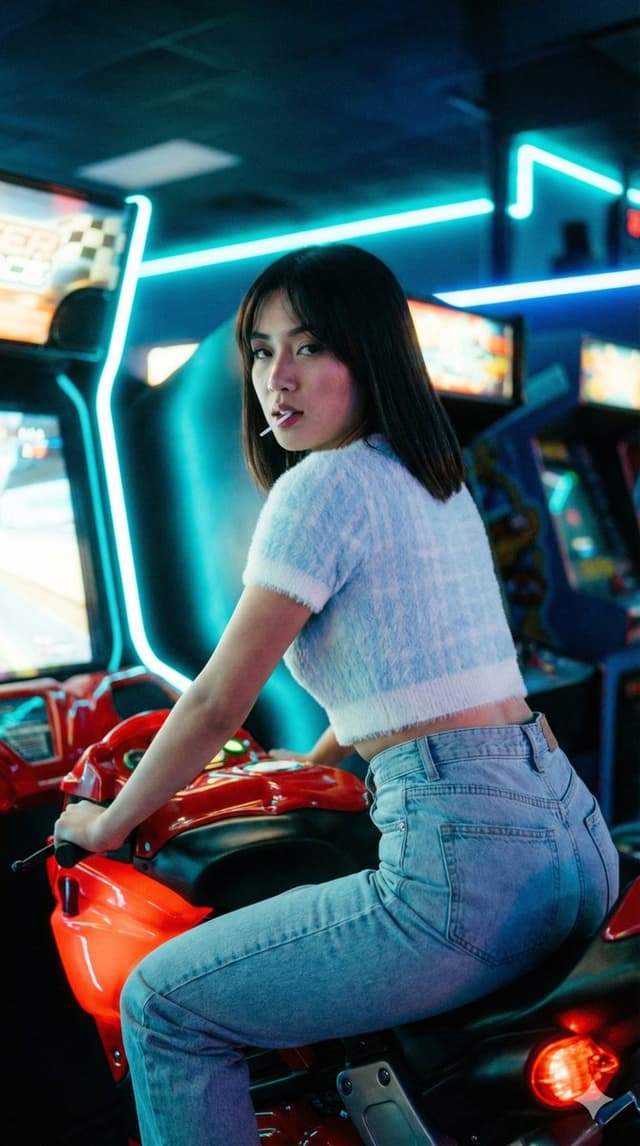 Cinematic 35mm Analog Film Portrait in a Retro Arcade — output