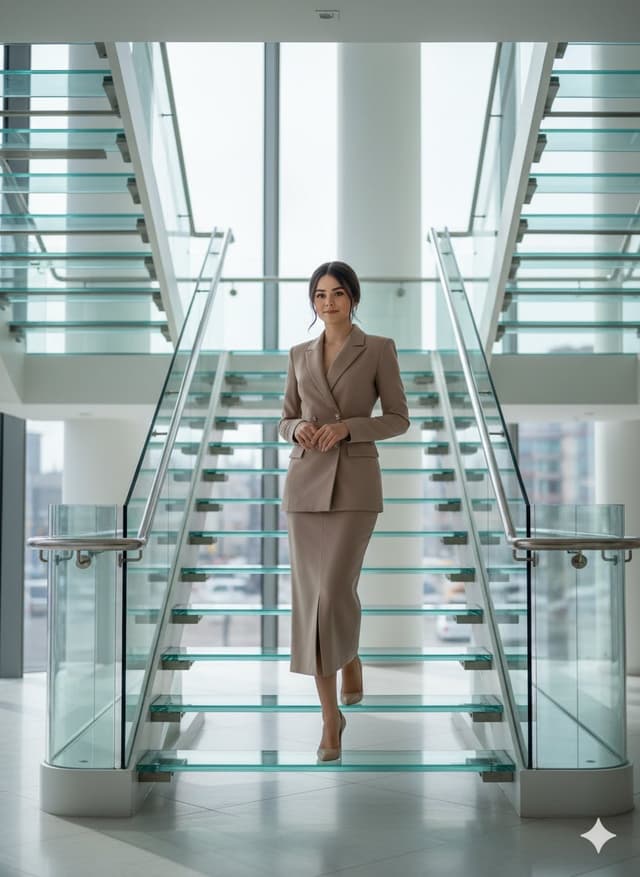 Luxury editorial portrait of a woman on a glass staircase — output