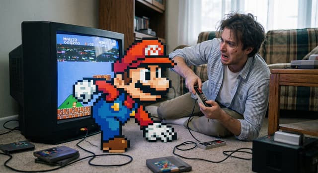 Pixel game character climbing out of TV — output