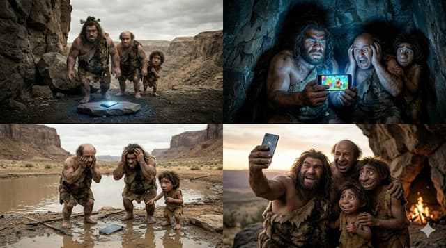 Comic / Storyboard - Funny 4-Part Story: Primitive Men and a Mobile Phone — output