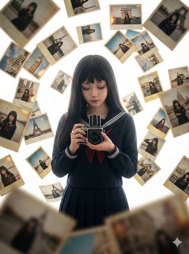 Photorealistic Asian Girl with Floating Photos Prompt (JSON Format) — output