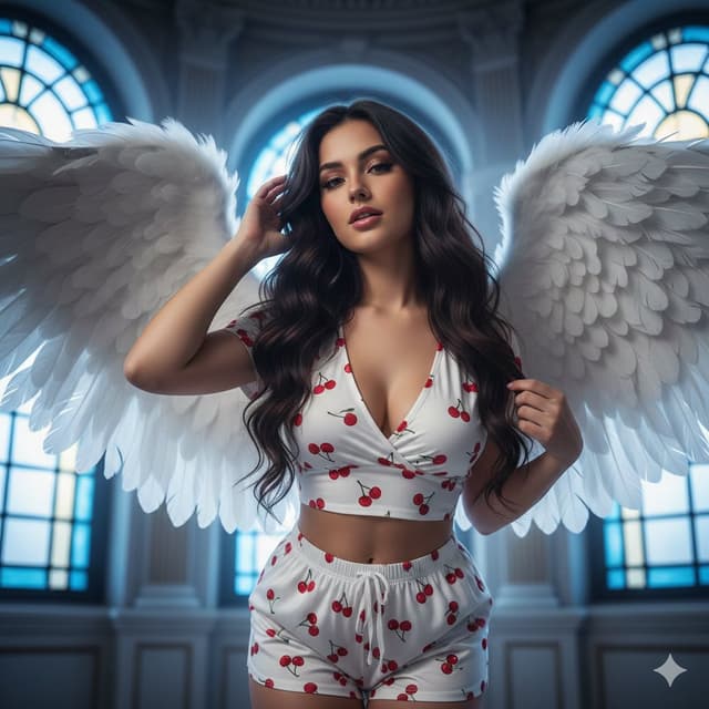 Flirtatious angel warrior portrait with low-angle framing — output