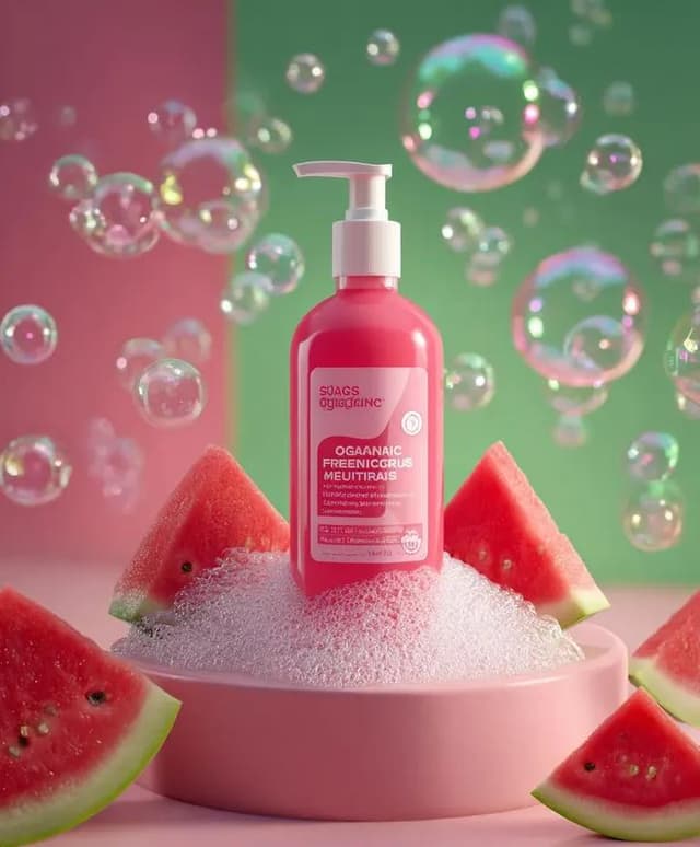 E-commerce Main Image - Skincare product advertisement with watermelon and bubbles — output