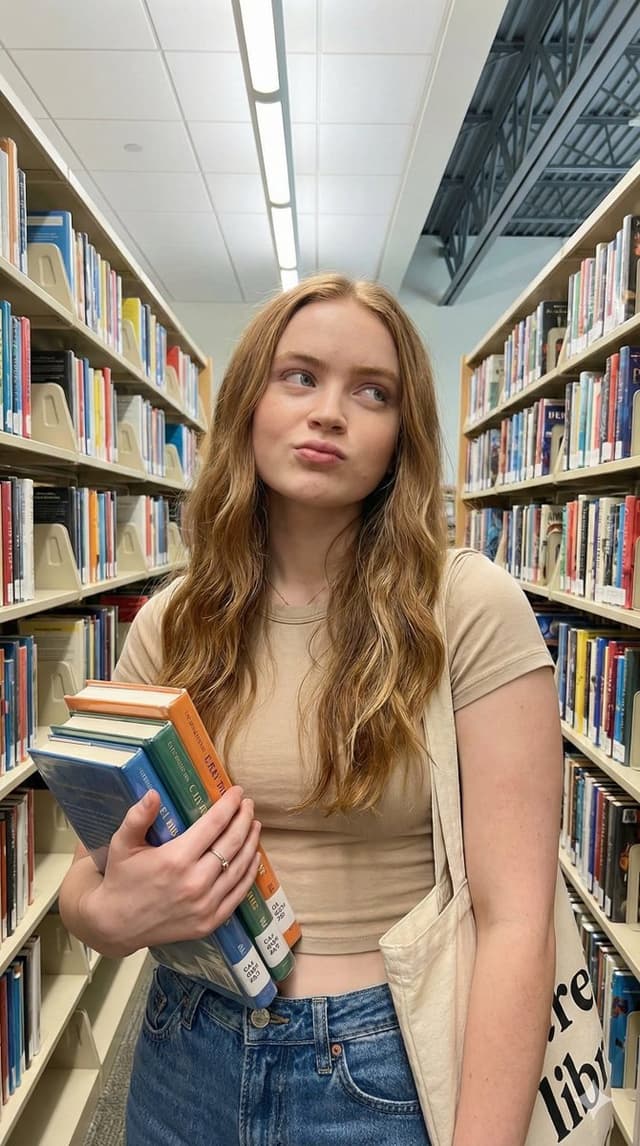 Playful Lifestyle Photo of Woman in Library Prompt — output