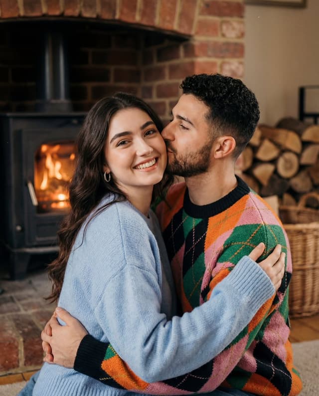 Cozy Nostalgic Couple Portrait by Fireplace — output