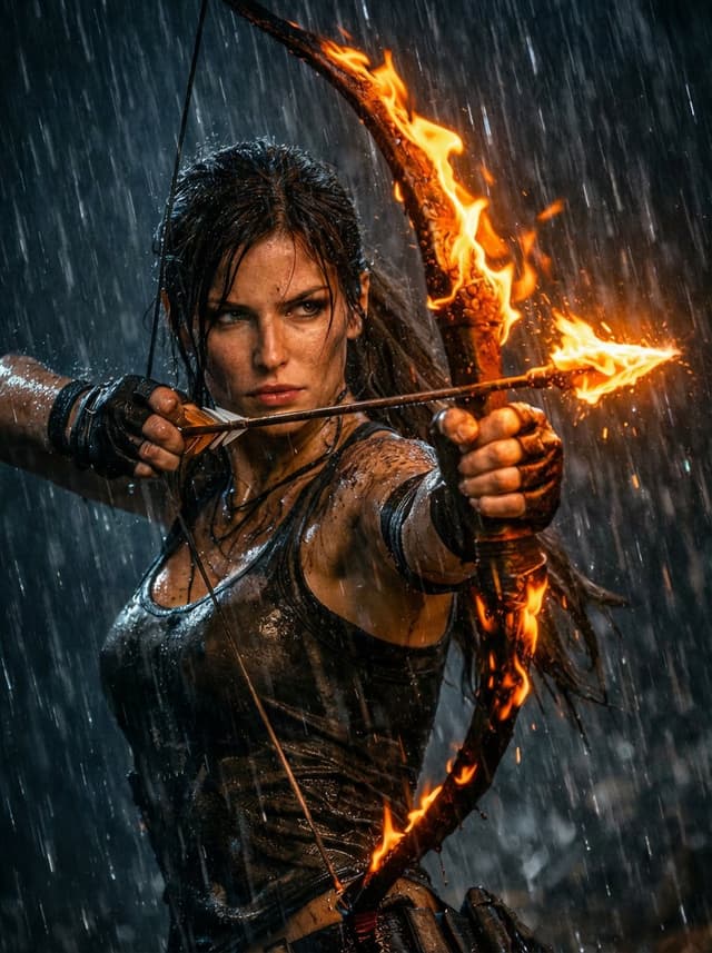 Comic / Storyboard - Lara Croft with Fiery Bow in Heavy Downpour — output