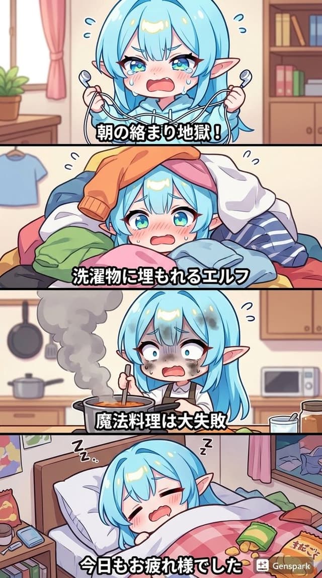 Four-panel comic about a clumsy elf — output