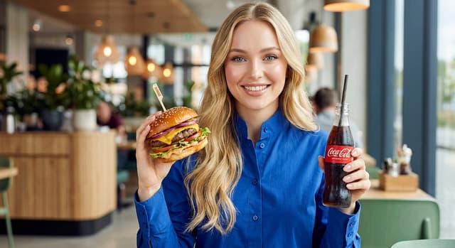 Product Marketing - Woman enjoying fast food commercial portrait — output