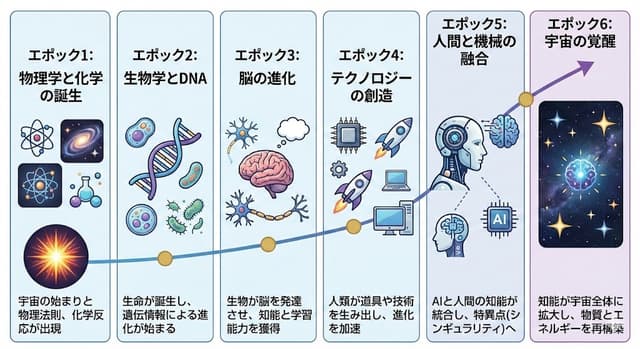 Illustration explaining Kurzweil’s six epochs in Japanese — output