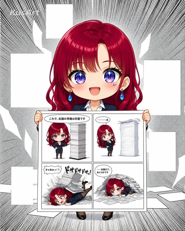 Comic / Storyboard - Chibi Office Girl Holding 4-Panel Manga — output