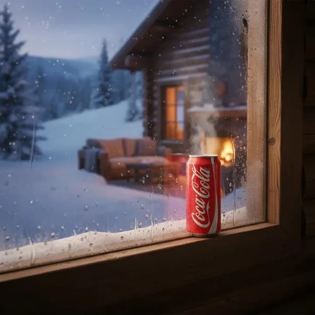 E-commerce Main Image - Winter Cabin Scene with Frosted Window and Coca-Cola Can — output