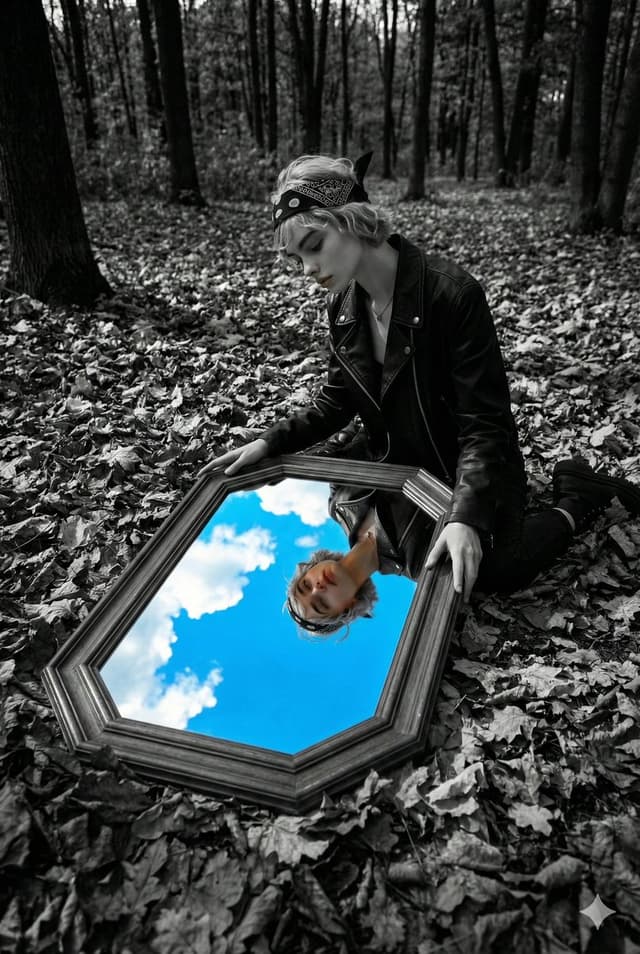 Surreal Black and White Forest Scene with Color Reflection — output
