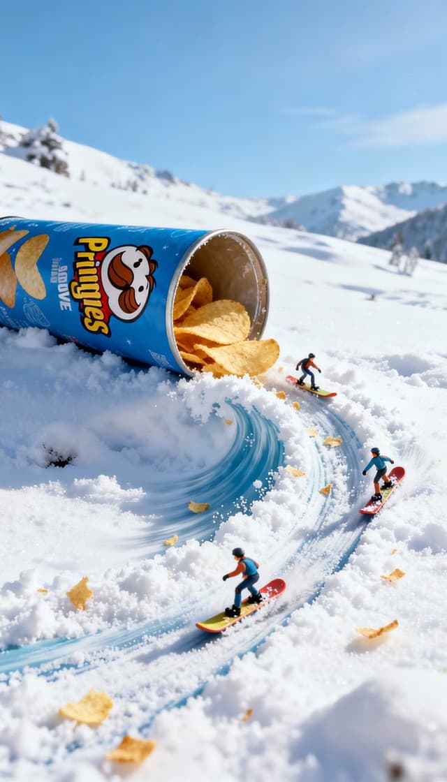 Video prompt for surreal miniature Pringles can snowboard scene — output