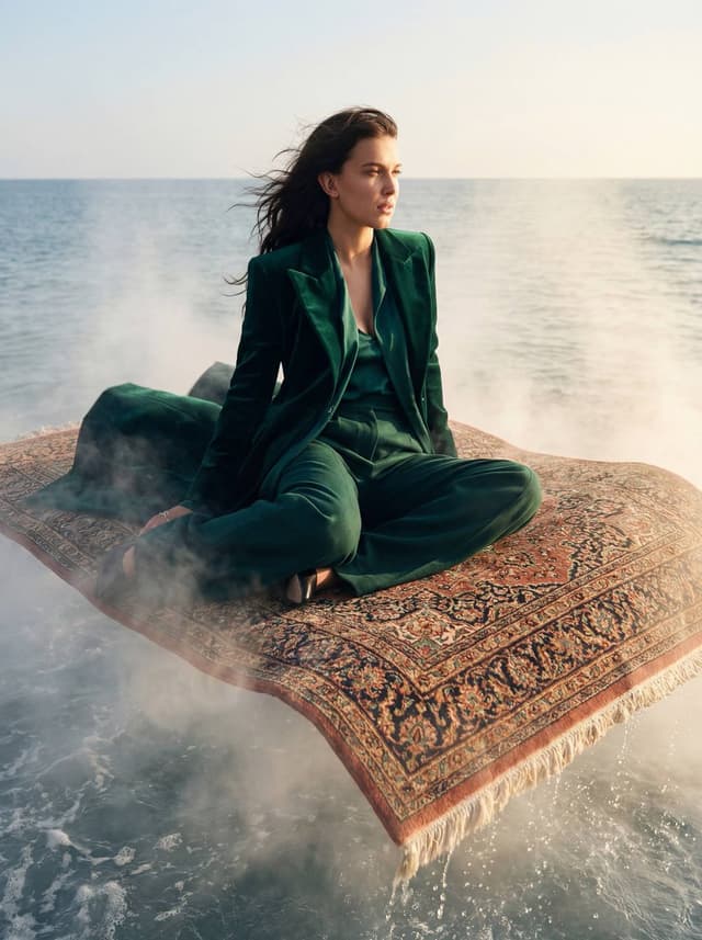 High-Fashion Editorial on a Magic Carpet over the Ocean — output