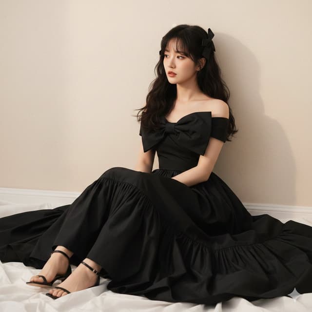 High-Fashion Editorial of Zhao Lusi in Black Bow Gown — output