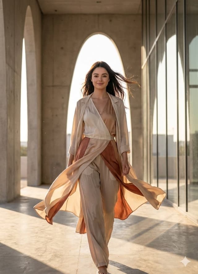 Cinematic Fashion Portrait with Flowing Fabric — output
