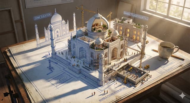 Infographic / Edu Visual - Epic 3D Architectural Blueprint Construction Scene — output