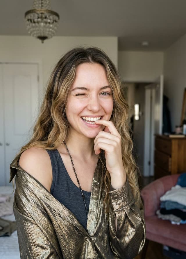 Candid Portrait of Woman Winking and Biting Finger — output