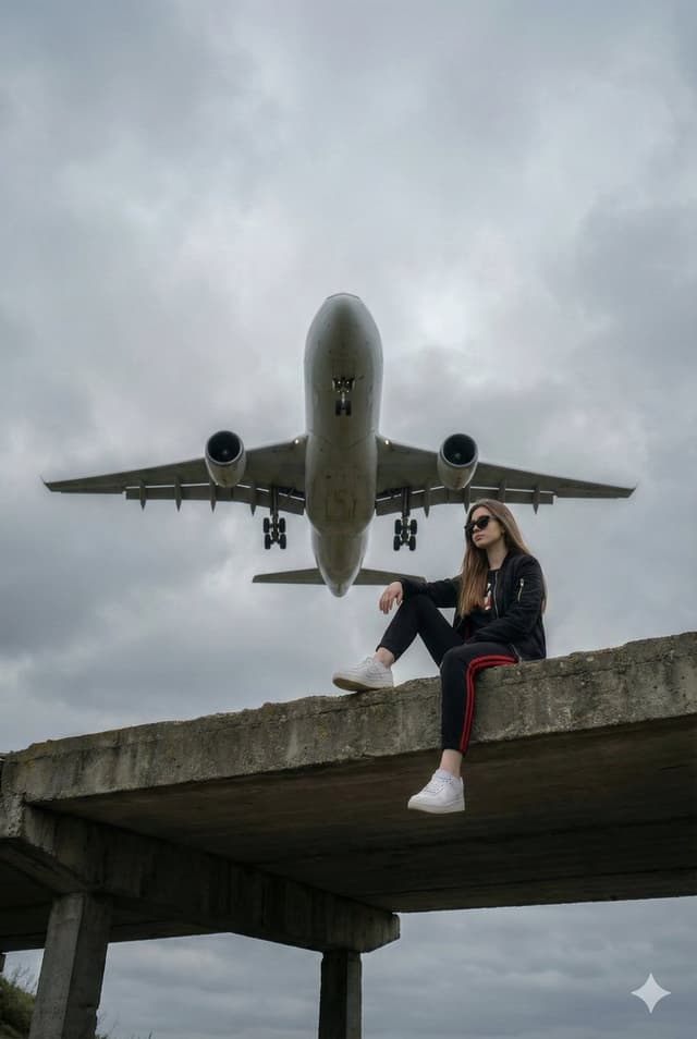 Surreal Low-Angle Portrait with Low-Flying Airplane Prompt — output