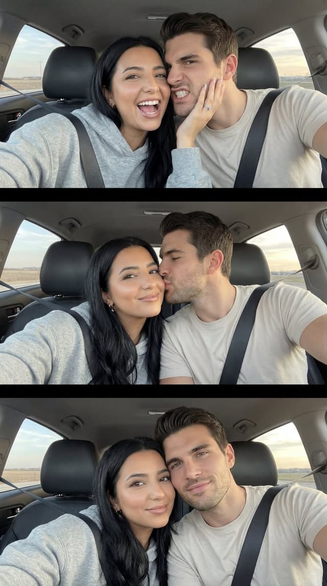 Photoreal Playful Couple Car Selfie Triptych — output