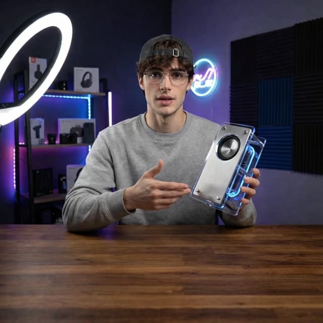 YouTube Thumbnail - Tech YouTuber Demoing Bluetooth Speaker Video Prompt — output