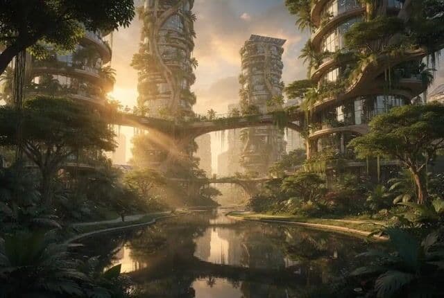 Cinematic Solarpunk Biophilic Megacity at Golden Hour — cover