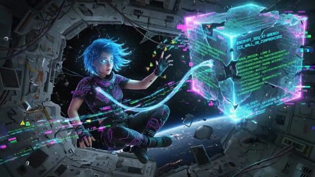 Cinematic video generation prompt: Cybernetic netrunner hacking — cover