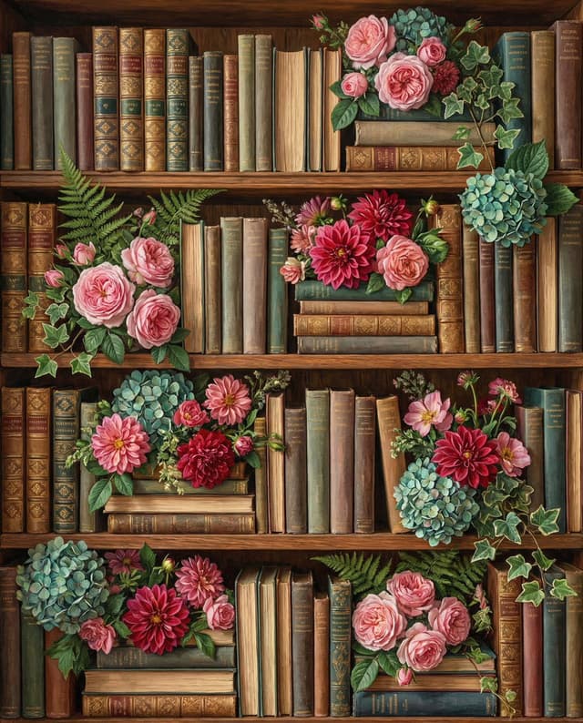 Overhead Shot of Bookshelves with Floral Arrangements — output