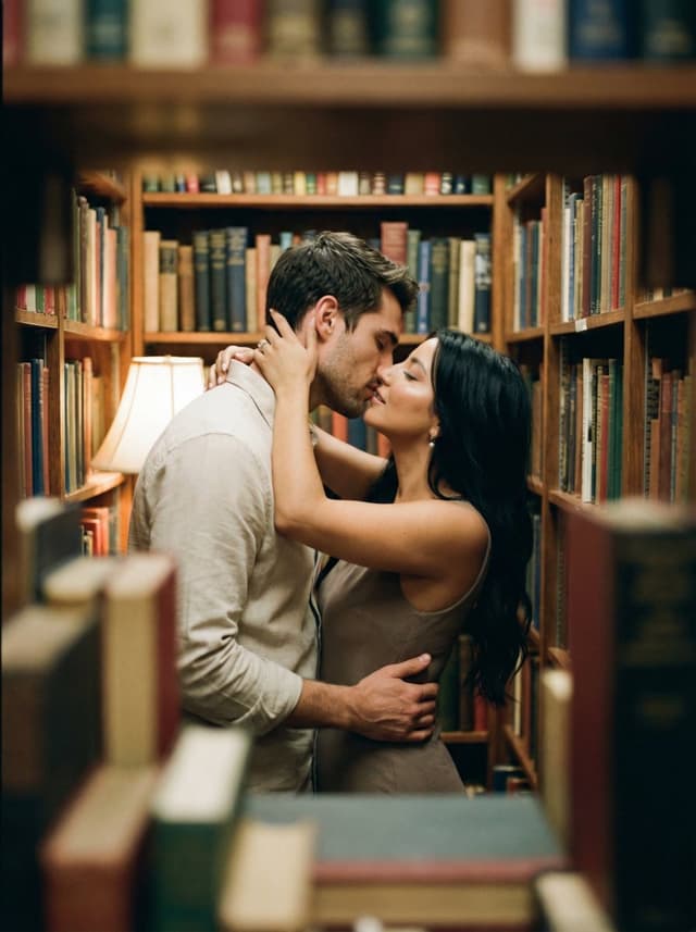 Social Media Post - Analog Film Kiss in a Bookstore Aisle — output