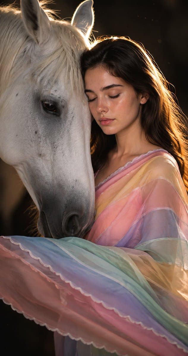 Product Marketing - Woman and White Horse Serene Portrait — output