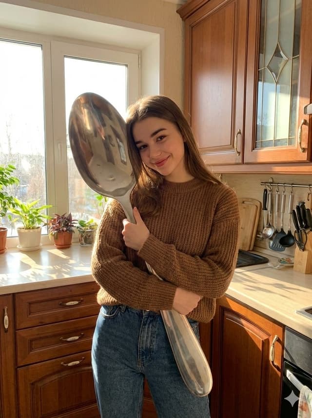 Photorealistic Woman Hugging Giant Spoon in Kitchen Prompt — output