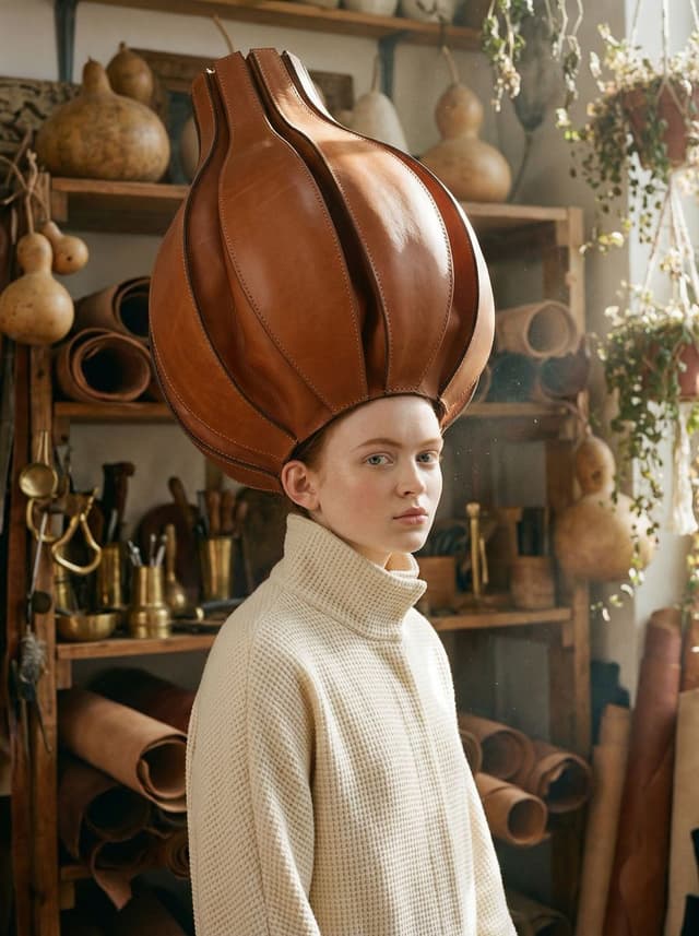 Product Marketing - Avant-Garde Fashion Portrait with Leather Headpiece (JSON) — output