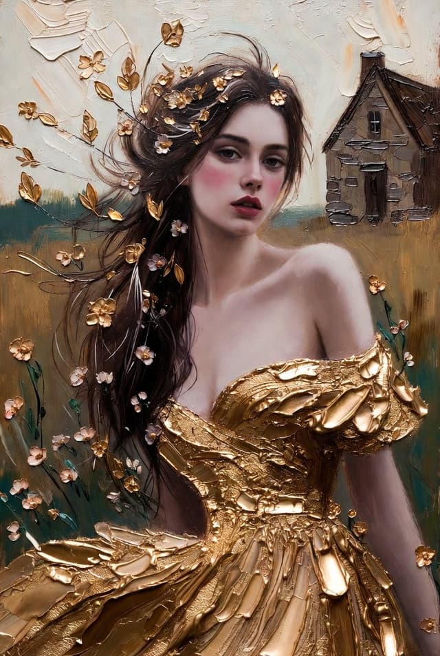 Ethereal Woman in Golden Impasto Gown — cover