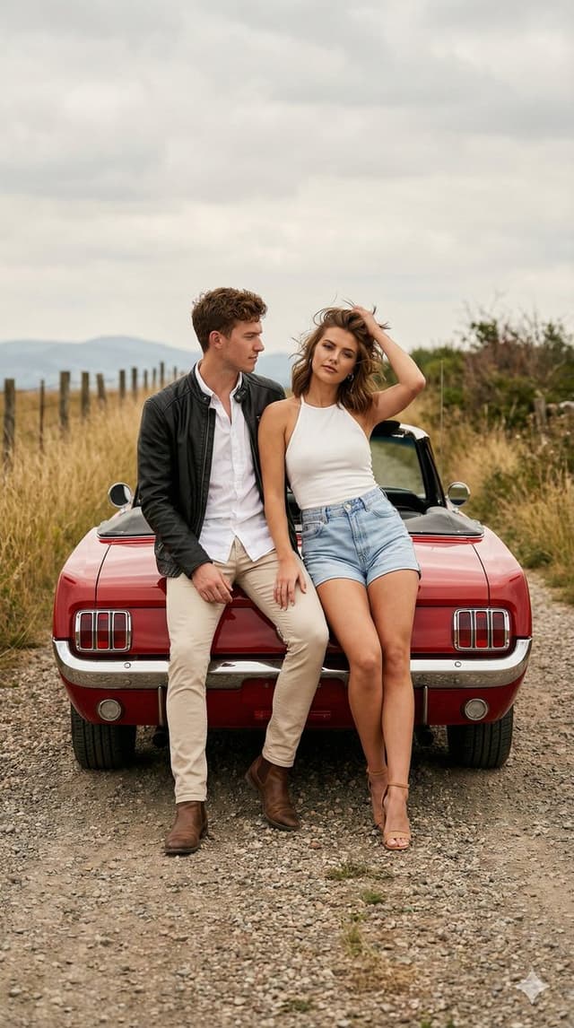 Vintage Couple on Red Classic Convertible in Countryside — output